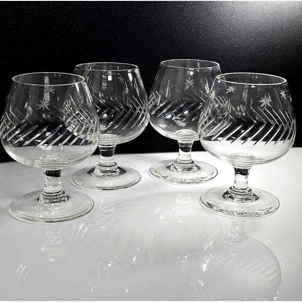 4 Etched Stars & Bars Brandy Glasses 3.5" small MCM slashes star 2-3oz liquor